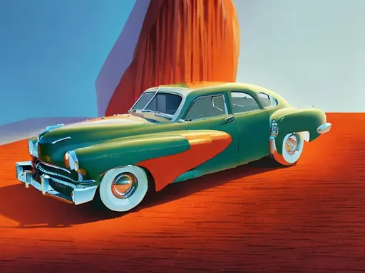 Prompt: Show me a sedan based on the 1948 Tucker torpedo and Tucker 48. The car must have 3 headlights.  Make it in light metallic blue. Show me the car from the front quarter view. The car should be on a platform at an auto show with large red letters spelling out "TUCKER". Set the image in 1957 at the Detroit auto show. The car should retain key styling cues from the original Tucker car