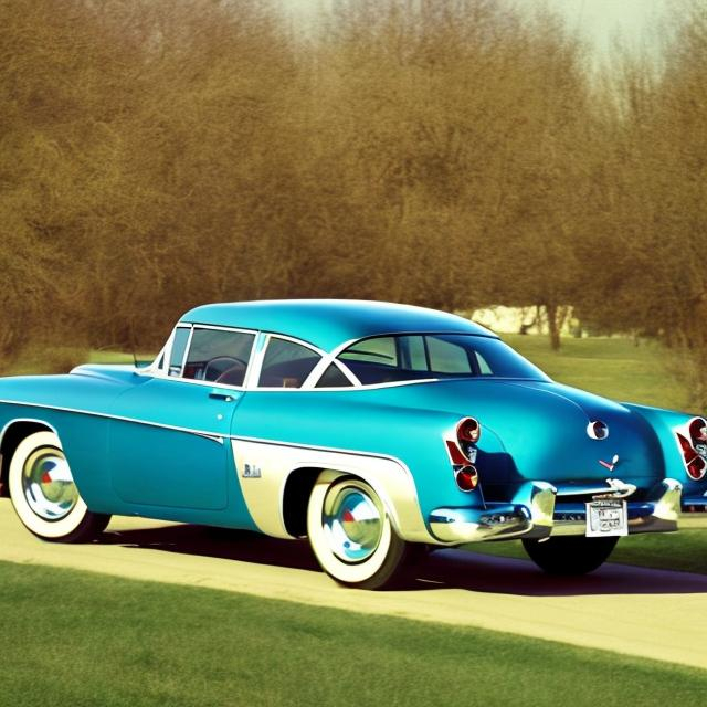 Prompt: Apply late 1950s styling to the Tucker 48 while retaining a rear engine and 3 headlights. Show me the car from the front quarter angle. Make the car Waltz Blue 