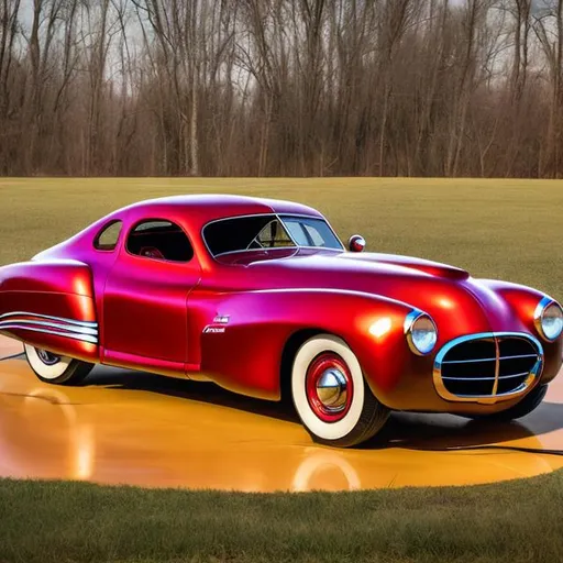 Prompt: Show me a show car based on the 1948 Tucker torpedo and Tucker 48. The car must have 3 headlights.  Make it in light metallic blue. Show me the car from the front quarter view. The car should be on a platform at an auto show with large red letters spelling out "TUCKER". Set the image in 1955