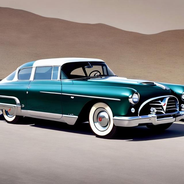 Prompt: Apply late 1950s styling to the Tucker 48 while retaining a rear engine and 3 headlights. Show me the car from the front quarter angle. Make the car Waltz Blue 