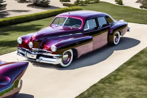 Prompt: Show me a car based on the 1948 Tucker, add styling cues from 2023. The car must have 3 headlights  and a rear engine 