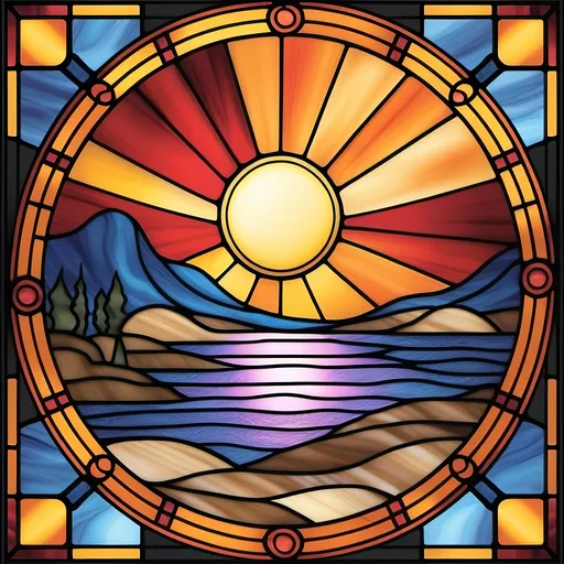 Prompt: Design of a sunset stained glass pattern