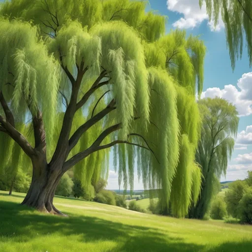 Prompt: Bright summer day hill with willow tree
