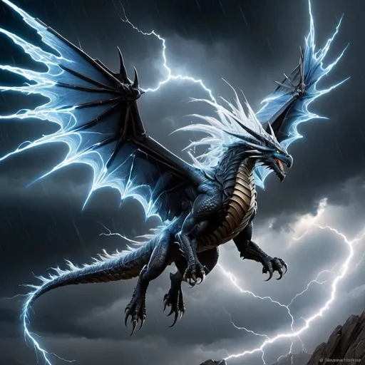 Prompt: A Stormwing from the earlier concept could have a majestic and formidable appearance, reflecting its affiliation with storms and elemental power. Here's a description of what a Stormwing might look like:

The Stormwing is a dragon of imposing stature, with sleek, obsidian scales that shimmer with a faint electric blue hue, reminiscent of lightning dancing across a darkened sky. Its muscular physique exudes strength and agility, perfectly adapted for navigating through turbulent winds and tempestuous weather.

Large, powerful wings stretch out from its broad shoulders, each membrane adorned with intricate patterns that resemble swirling storm clouds. Crackling arcs of electricity occasionally leap between the wingtips, leaving a trail of sparks in its wake.

Its eyes gleam with an intense brilliance, glowing with the ferocity of a thunderstorm. Sharp, angular horns protrude from its head, adding to its imposing visage, while a row of razor-sharp spines runs down its spine, crackling with latent energy.

As it moves, the Stormwing emits a low rumble, akin to distant thunder, and its movements are swift and graceful, like a bolt of lightning streaking across the sky. With each beat of its wings, gusts of wind and rain swirl around it, emphasizing its mastery over the elements.

Overall, the Stormwing cuts an impressive figure, embodying the raw power and untamed beauty of the storm itself.