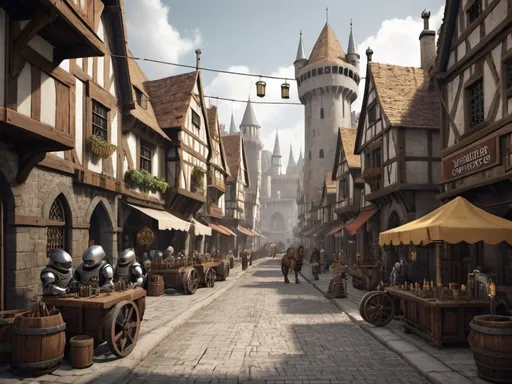 Prompt: 
create a medieval city, with incredible shiny robots and machines on the streets