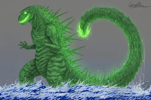 Prompt: a green shingodzilla with acid powers