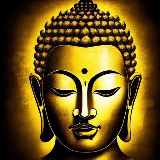 Prompt: Abstract portrait of Lord Buddha, golden and yellow tones, deep shadows, dark background, serene expression, intricate details, high quality, abstract, golden shades, serene atmosphere, detailed shadows, spiritual, tranquil, professional lighting