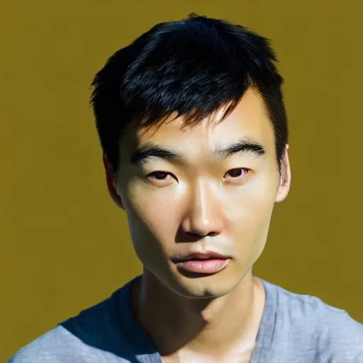 Prompt: portrait of an asian man who has glowy skin model's head, realistic, 4 k