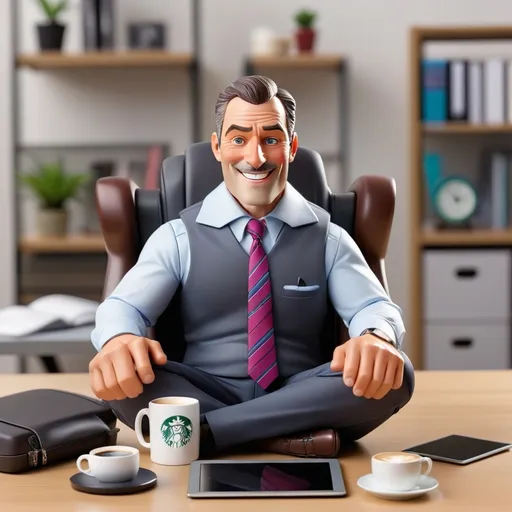 Prompt: A realistic, animated boxed action figure of a hardworking dad in his 40s, dressed in a polished business suit with a vibrant tie. He has a confident and cheerful expression, ready to tackle the workday. His accessories include high-quality wireless headphones for seamless calls, a stylish thermal coffee mug, a modern tablet, and a sleek laptop bag. The packaging features office-themed graphics, highlighting his enthusiasm and success-driven mindset