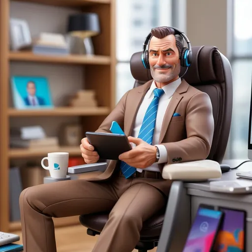 Prompt: A realistic, animated boxed action figure of a hardworking dad in his 40s, dressed in a polished business suit with a vibrant tie. He has a confident and cheerful expression, ready to tackle the workday. His accessories include high-quality wireless headphones for seamless calls, a stylish thermal coffee mug, a modern tablet, and a sleek laptop bag. The packaging features office-themed graphics, highlighting his enthusiasm and success-driven mindset.