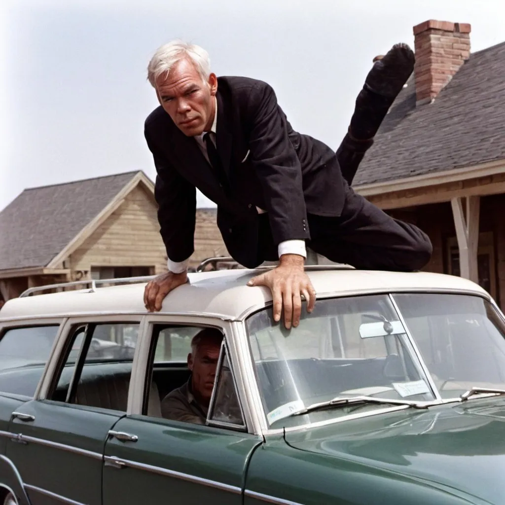 Prompt: Lee Marvin clinging on to the roof of a station wagon