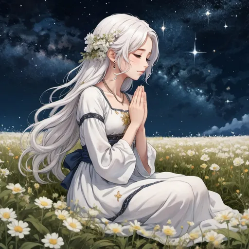 Prompt: anime style, young girl, long hair, white hair, image from side, praying, sitting in the middle of a flower field, flower field fill with cecillia, Greek style dress, long dress, long sleeves, chain shaped hair jewelry, starry night