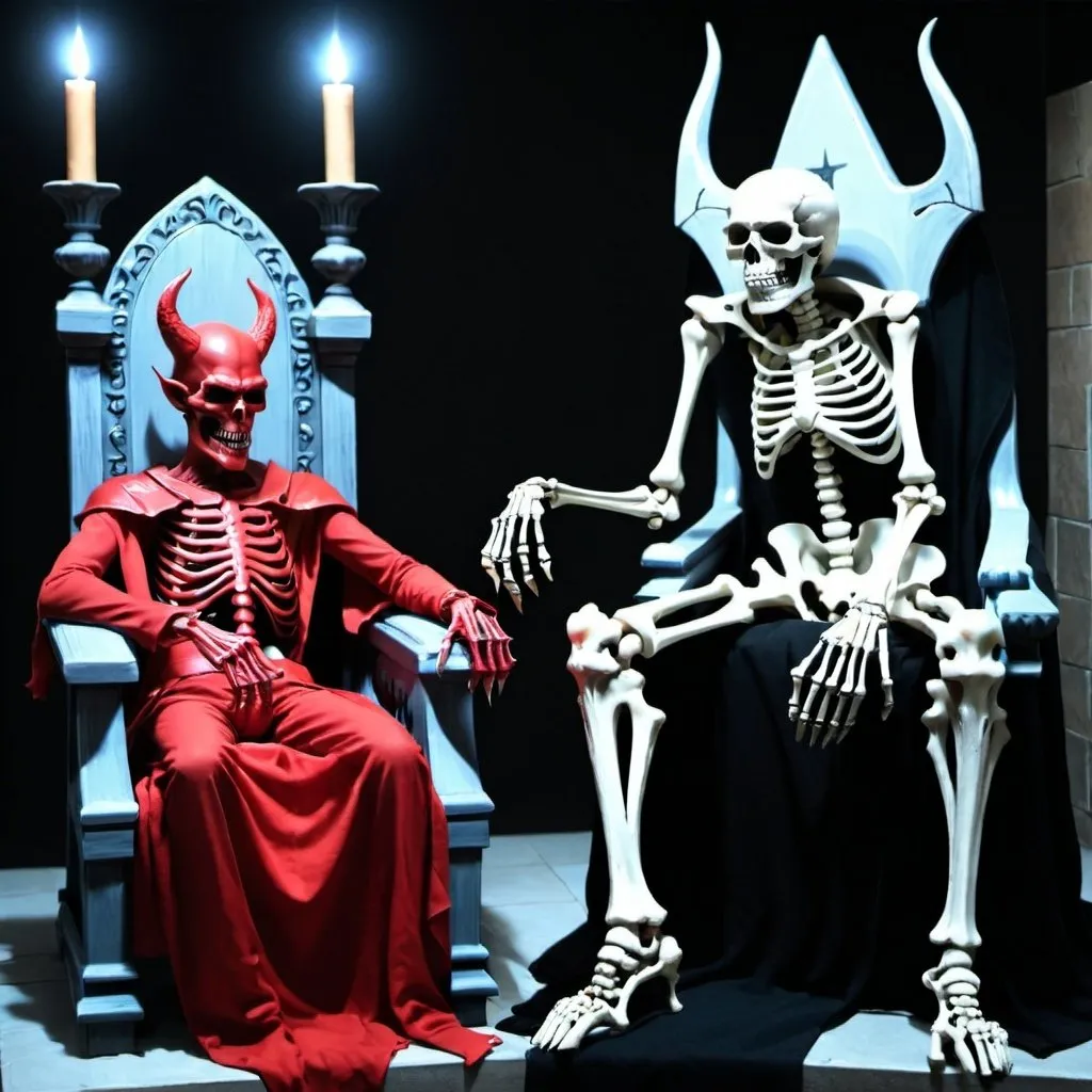 Prompt: A devil and a skeleton both siting on thrones make it realistic and accurate 
