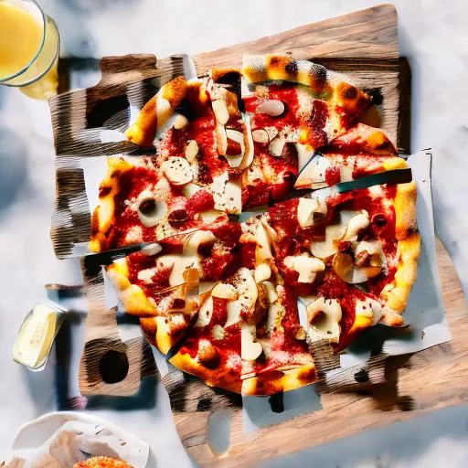 Prompt: Pizza on a wooden plate