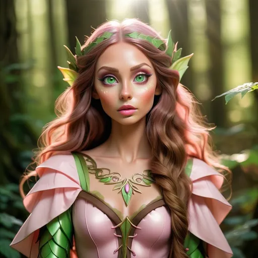 Prompt: Elf woman in a mystical forest around sunlight. She has green eyes long brown wavy hair thin lips pink eyeshadow with brown eyeliner 