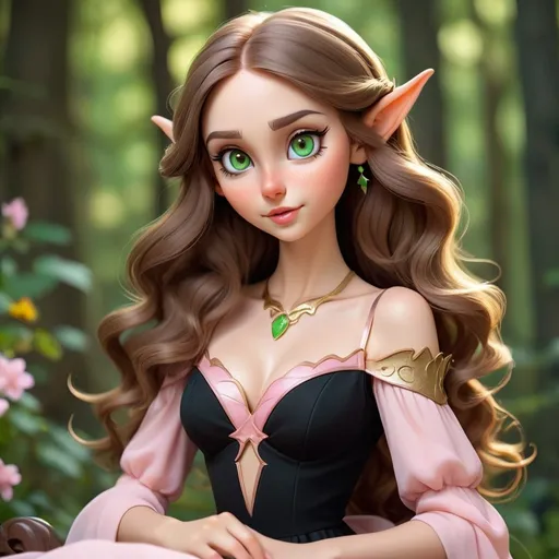 Prompt: It's a woman with long wavy brown hair, she has green eyes like forest colors, not big but cute nose and also small pink lips. On her face she wearing soft pink makeup with light eyeshadow and brown eyeliner, she has elf ears. She wears beautiful shiny black long dress with cutout on the chest, dress is fitted and on her feet she wear  high heeled golden sandals and sitting on a throne from obsidian