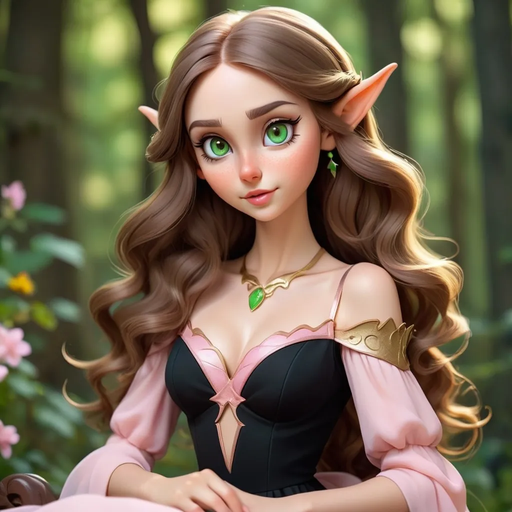 Prompt: It's a woman with long wavy brown hair, she has green eyes like forest colors, not big but cute nose and also small pink lips. On her face she wearing soft pink makeup with light eyeshadow and brown eyeliner, she has elf ears. She wears beautiful shiny black long dress with cutout on the chest, dress is fitted and on her feet she wear  high heeled golden sandals and sitting on a throne from obsidian