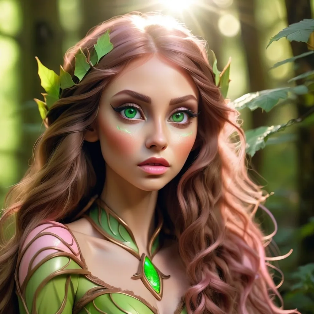 Prompt: Elf woman in a mystical forest around sunlight. She has green eyes long brown wavy hair thin lips pink eyeshadow with brown eyeliner 