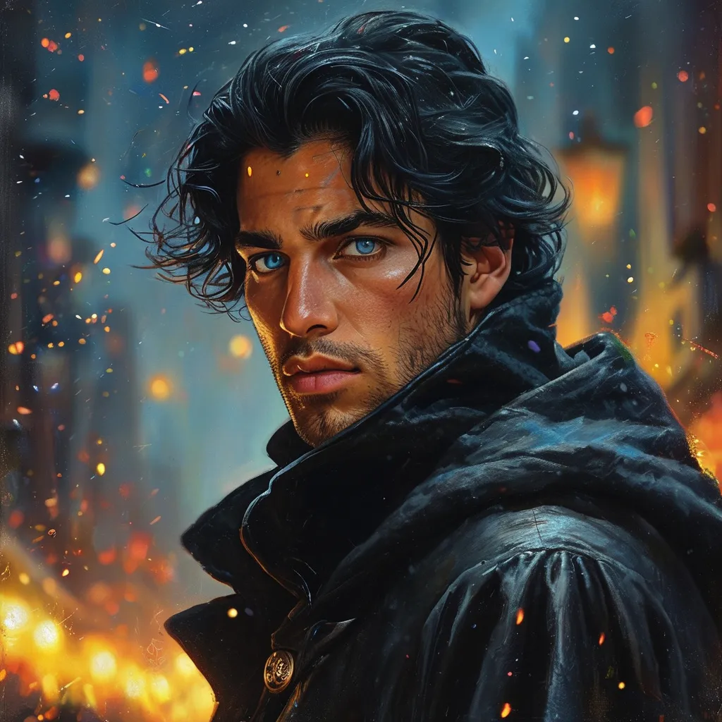 Prompt: a man with a black jacket and blue eyes is looking at the camera with a star in the background, Eddie Mendoza, fantasy art, epic fantasy character art, a character portrait