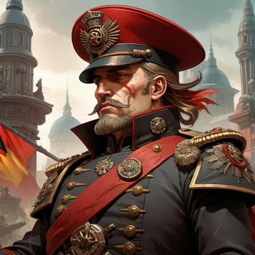 Prompt: (detailed), man, Warhammer 40k Commissar, wearing a distinctive german style(red peak hat), military uniform, dramatic poses, expression of authority, intricate details on embellishments, high-quality rendering, dynamic composition, (ultra-detailed), suitable for art concept, showcasing various angles, with a gritty hive city background, emphasizing the grimdark atmosphere of the Warhammer 40k universe.