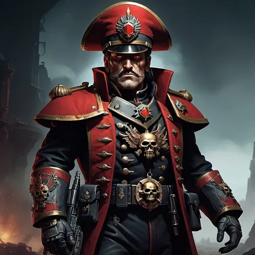 Prompt: Character design sheet, (detailed), man, Warhammer 40k Commissar, wearing a distinctive (red peak hat), military uniform, dramatic poses, expression of authority, intricate details on embellishments, high-quality rendering, dynamic composition, (ultra-detailed), suitable for art concept, showcasing various angles, with a gritty sci-fi background, emphasizing the grimdark atmosphere of the Warhammer 40k universe.