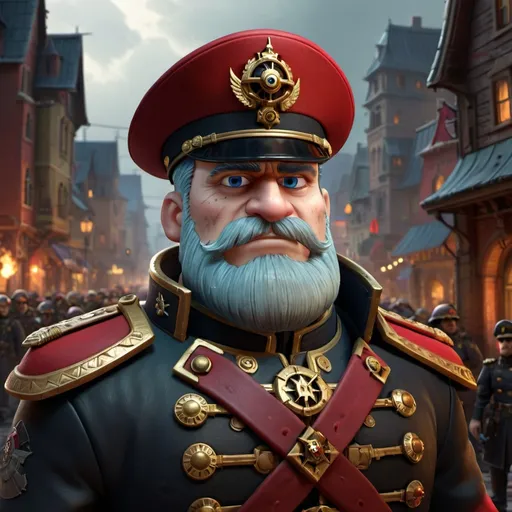 Prompt: (detailed), man, Warhammer 40k Commissar, wearing a distinctive german style(red peak hat), military uniform, dramatic poses, expression of authority, intricate details on embellishments, high-quality rendering, dynamic composition, (ultra-detailed), suitable for art concept, showcasing various angles, with a gritty hive city background, emphasizing the grimdark atmosphere of the Warhammer 40k universe.