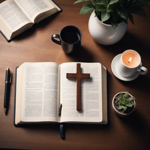 Prompt: Create a modern and minimalistic image designed for a Facebook page cover, featuring a top-down view of a table. On the table, include the following items arranged in a clean and organized manner:

An open Bible, placed slightly off-center to the left.
A simple wooden cross without the image of Christ, placed near the Bible.
An open journal with a pen resting on it, placed to the right of the Bible.
A laptop, open and positioned towards the top right of the table.
The overall style should be realistic, with a neutral or light-colored background that complements the minimalistic theme. The focus should be on the simplicity and clarity of the objects, ensuring that the image is calm and inviting, suitable for a Facebook page dedicated to devotionals, sermon sharing, Bible study outlines, reflections, hymn lyrics, and instrumentals.

Size: 1024x1024