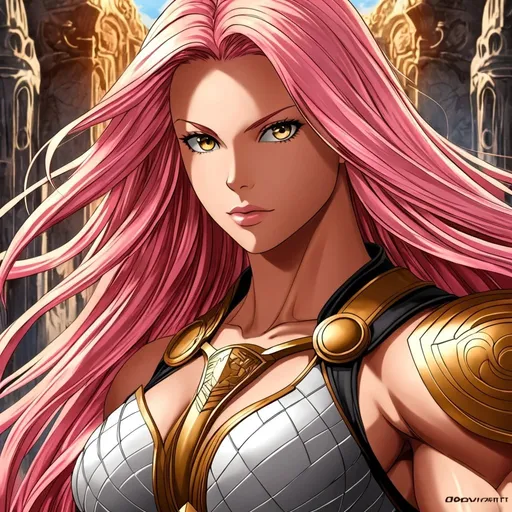 Prompt: anime, girl, detailed, pink hair, brave, ca, very detailed,good hands,popular on deviantart,woman,long hair,blonde,pretty face,muscular,tall,dominant.