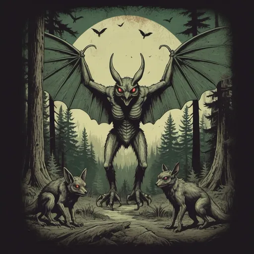 Prompt: Cryptid enthusiast t-shirt design, detailed illustrations of Mothman and Chupacabra, eerie forest background, vintage distressed style, high quality, detailed cryptid art, retro, creepy vibes, forest green and muted earthy tones, soft natural lighting, vintage distressed look, highres, detailed illustrations, vintage style, eerie forest, cryptid enthusiast, Mothman, Chupacabra, retro design, vintage vibes
