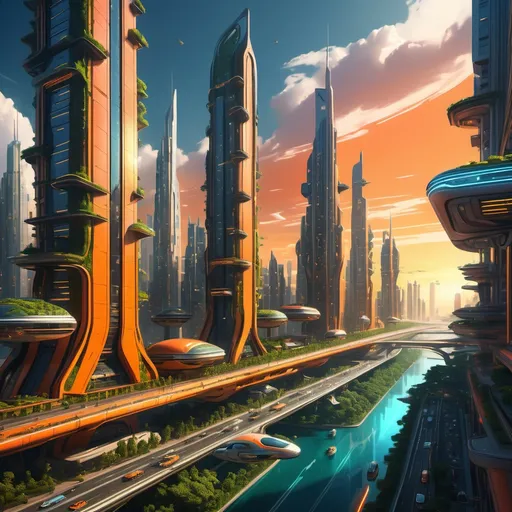 Prompt: (futuristic city skyline), vibrant orange hues, towering sleek skyscrapers, glowing neon lights, (utopian atmosphere), advanced transportation systems, lush greenery integrated into architecture, expansive sky filled with flying vehicles, dynamic and bustling streets, high-quality details, (sci-fi elements), imaginative architecture, warm lighting, dramatic sunset casting long shadows, ultra-detailed, immersively captivating.