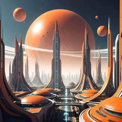 Prompt: Sci fi futuristic city, orange utopian planet