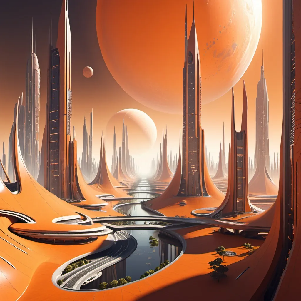 Prompt: Sci fi futuristic city, orange utopian planet