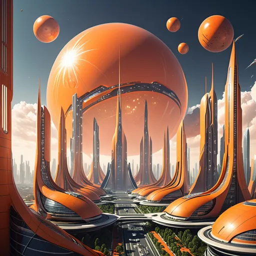 Prompt: Sci fi futuristic city, orange utopian planet