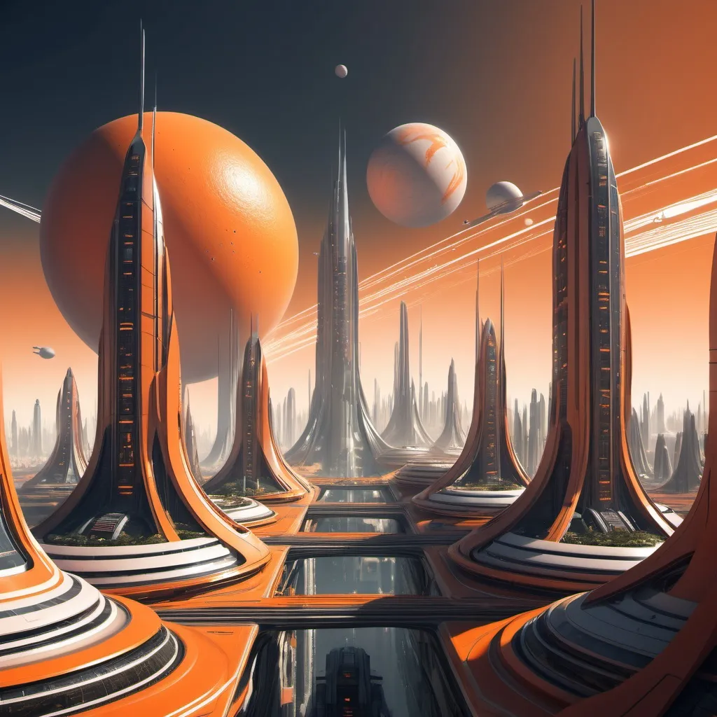 Prompt: Sci fi futuristic city, orange utopian planet