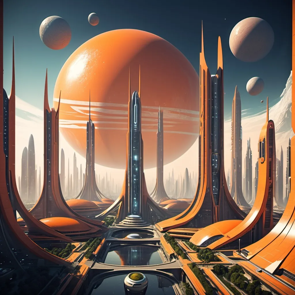 Prompt: Sci fi futuristic city, orange utopian planet