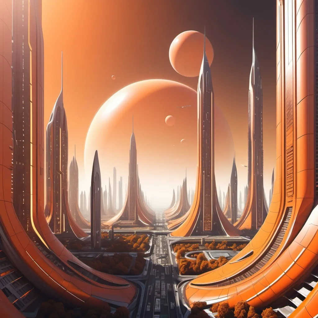 Prompt: Sci fi futuristic city, orange utopian planet