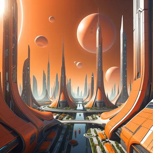 Prompt: Sci fi futuristic city, orange utopian planet