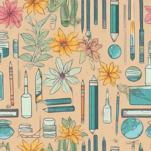Prompt: Minimalist style; simple colors; computer science theme; schools; school supplies pencils rulers bunsen burner vials; Hawaiian mountains and flowers