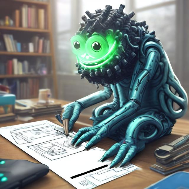 Prompt: A monster working on a futuristic invention, symbolizing innovation and academic breakthroughs.

