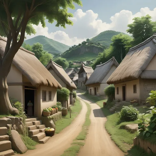 Prompt: "A serene, semi-photorealistic village scene set in a rural landscape. The village consists of small houses with thatched or tiled roofs, some made of wood and others with stone walls, surrounded by greenery. The houses are arranged along a narrow dirt road that winds through the village. A few villagers can be seen going about their daily activities, like carrying baskets, tending to animals, or chatting with each other. In the background, there are gently rolling hills covered with a mix of trees and wildflowers, leading to a dense forest at the edge of the scene. The sky is mostly clear with soft, natural light casting gentle shadows, creating a warm and peaceful atmosphere. The details should include realistic textures on the buildings, natural variations in the landscape, and a balance between a realistic and slightly artistic style."