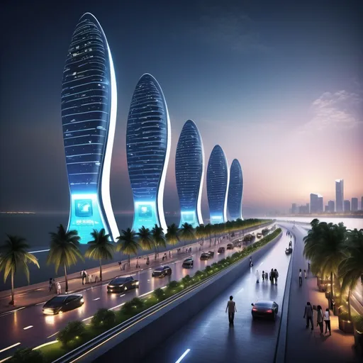 Prompt: "A futuristic depiction of Mumbai's Marine Drive transformed into a cyber city in the year 2075. The iconic coastline is lined with sleek skyscrapers featuring neon lights, holographic billboards, and advanced architectural designs with a blend of glass, metal, and digital surfaces. The buildings tower over the curved promenade, which now has smart walkways with embedded LED lights and autonomous vehicles gliding smoothly along the road. The Arabian Sea glows with reflections from the vibrant city lights, and high-tech drones hover in the sky, illuminated by a glowing digital skyline. The scene has a cyberpunk aesthetic, with hues of electric blue, neon pink, and vibrant purple dominating the color palette. The atmosphere is bustling, with futuristic street vendors and people in tech-augmented clothing, creating a lively yet slightly dystopian vibe. The overall scene should blend Mumbai's cultural essence with a high-tech, cybernetic future."