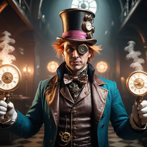 Prompt: steampunk men like mad hater from alice in wonderland, steampunk background, cinematic light, 8k, unreal engine