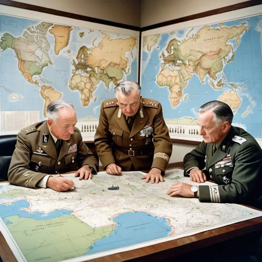 Prompt: World War Two German and American generals hover and study on opposite sides of a large table with a large 3D city map with small Sherman and Tiger tanks and small men on the map. In the background is a European map of World War Two.