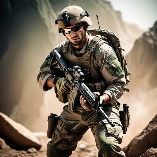 Prompt: Army Ranger (dynamic character in action pose), tactical outfit with camouflage gear, holding a rifle, intense expression, rugged terrain background, dramatic lighting casting shadows, earthy tones with hints of green and brown, scene conveys bravery and resilience, ultra-detailed, high contrast, action-packed, cinematic atmosphere.