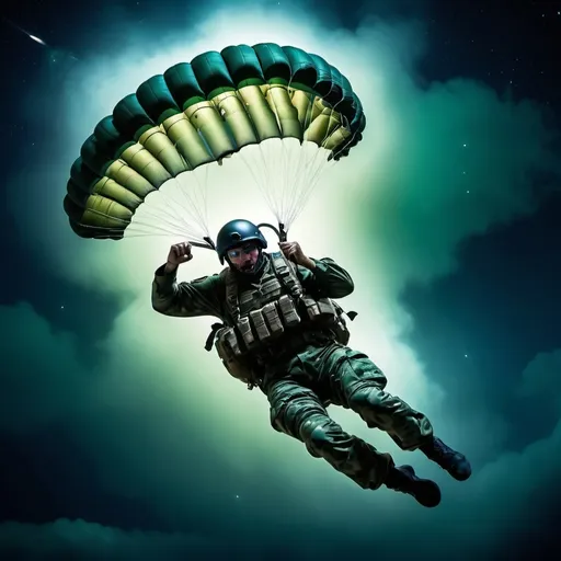 Prompt: Green beret jumping into a night sky from a plane