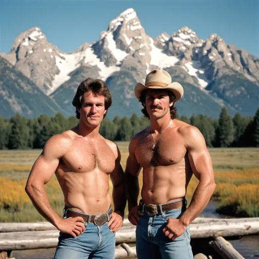 Prompt: Create a 1980s style picture of two men posing for the camera in
Grand Teton without their shirt on with big muscles