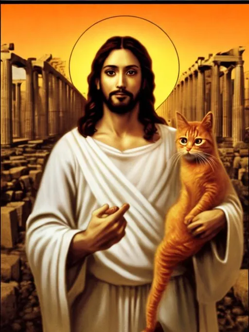 Prompt: photo of Jesus, he is holding one happy orange tabby cat and he is looking into the camera. Parthenon can be seen in the background
