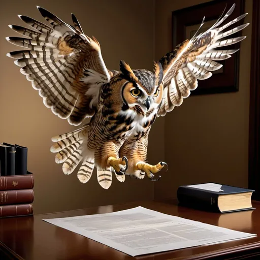 Prompt: Huge great horned owl in flight, photorealistic depiction, pouncing on a sheaf of government documents on a desk, detailed feathers and intense gaze, realistic lighting and shadows, high quality, photorealism, detailed feathers, intense gaze, government documents, desk setting, realistic lighting