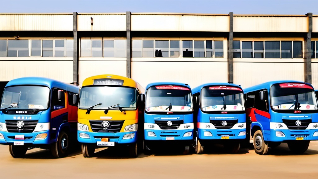 Prompt: Large bus, truck, and tractors standing together side by side  in india infront of a trye retreading factory