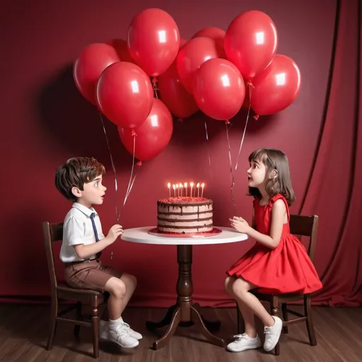 Prompt: A boy and a cute girl sitting on chairs in front of table both wearing red dress background decorated with balloons both are looking on each other face, a big 3d chocolate cake on the table, 